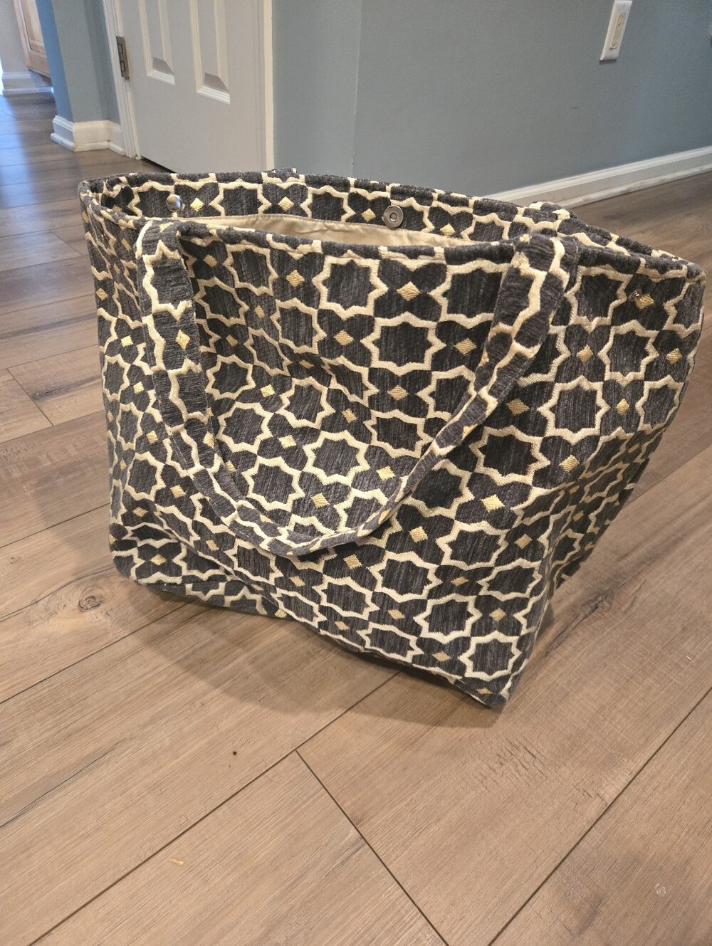 Geometric Gray & Beige Fabric Tote Bag - Picture 4 of 9